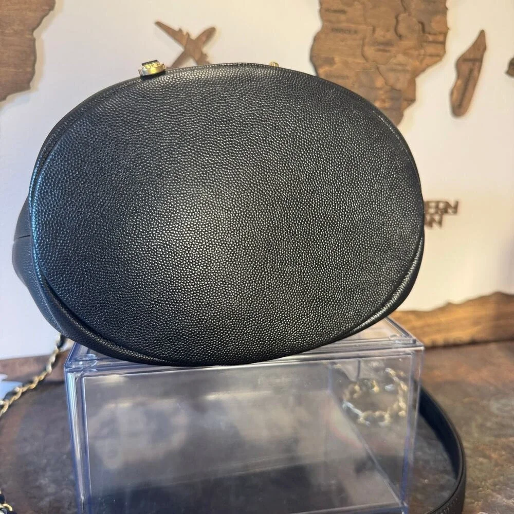 Chanel Paris Black Studded Caviar Leather Bucket Crossbody Bag GHW Authentic CoA